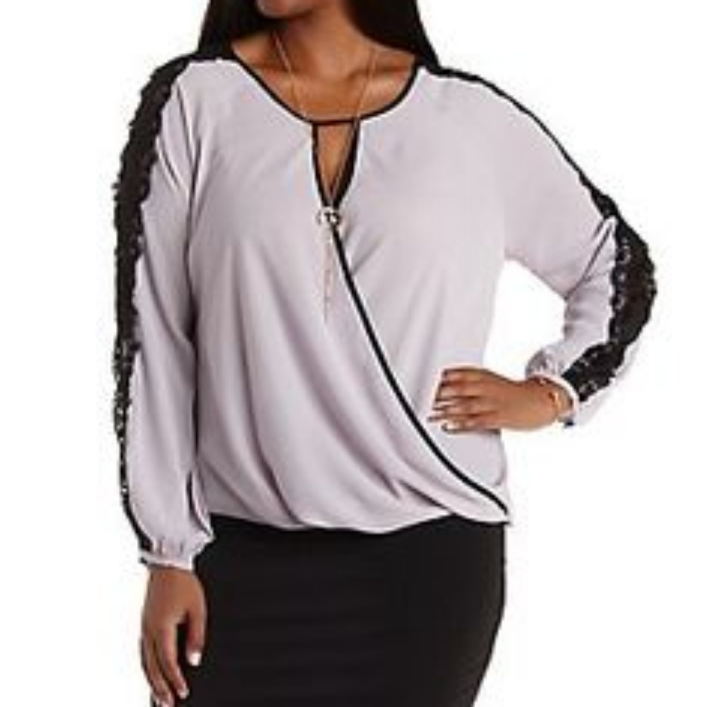 Lilac Long Sleeve Wrap Blouse w Black Lace Detail